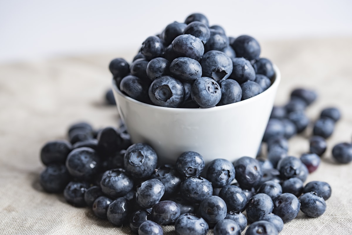 A bowl of fresh blueberries — the working serving in most clinical trials is roughly a cup
